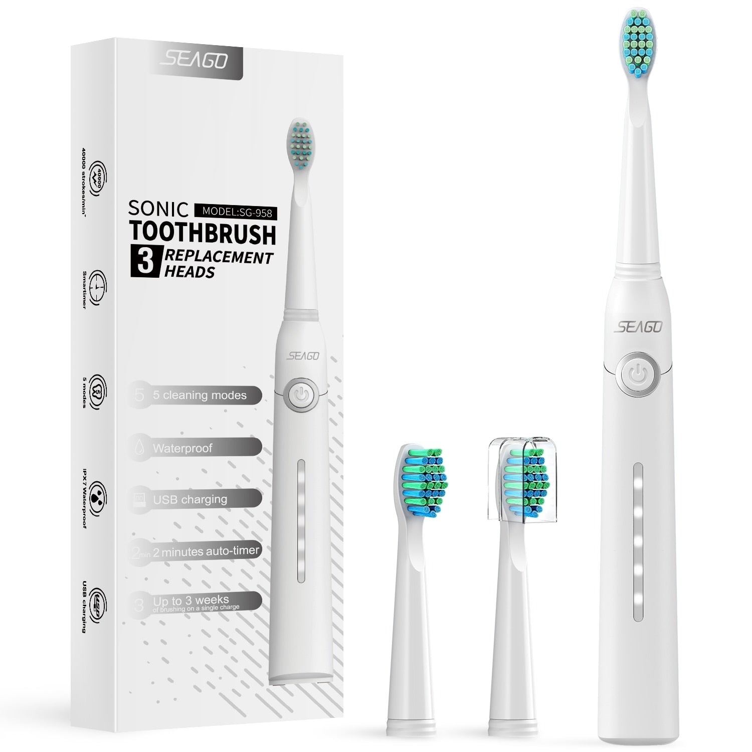Seago Sonic Electric Toothbrush Tooth brush USB Rechargeable adult Waterproof automatic 5 Mode with Travel case Toothbrushes DailyAlertDeals USA 958bai 