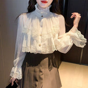 Fashion Korean Blouse Women Blusas Stand Collar Chiffon Shirts Long Sleeve 0 DailyAlertDeals Apricot S 
