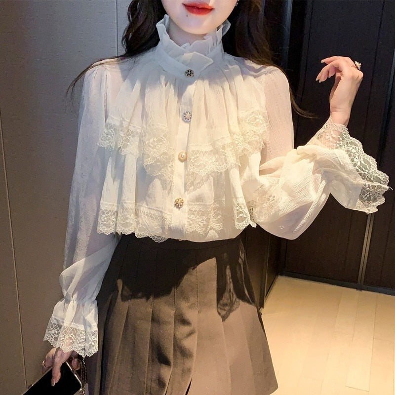 Fashion Korean Blouse Women Blusas Stand Collar Chiffon Shirts Long Sleeve Ruffles Lace Blouses Vintage Elegant Femme Tops 23057 0 DailyAlertDeals Apricot S 