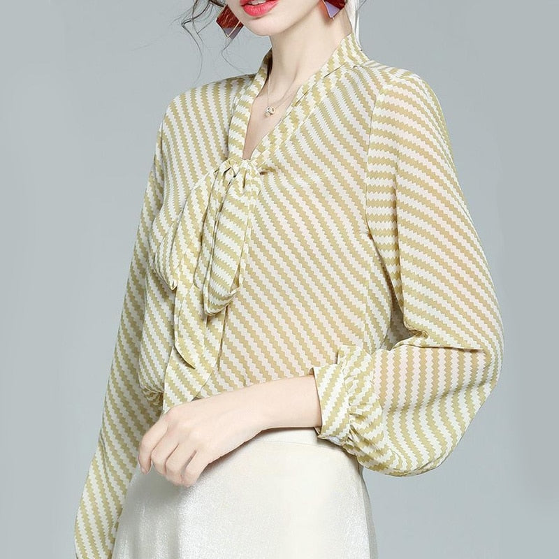 Chiffon Thin Bow V-neck Striped Print Long Sleeve Blouses Pullover Loose Casual Shirts Fashion Popularity Wild Women&#39;s Clothing 0 DailyAlertDeals Yellow S 