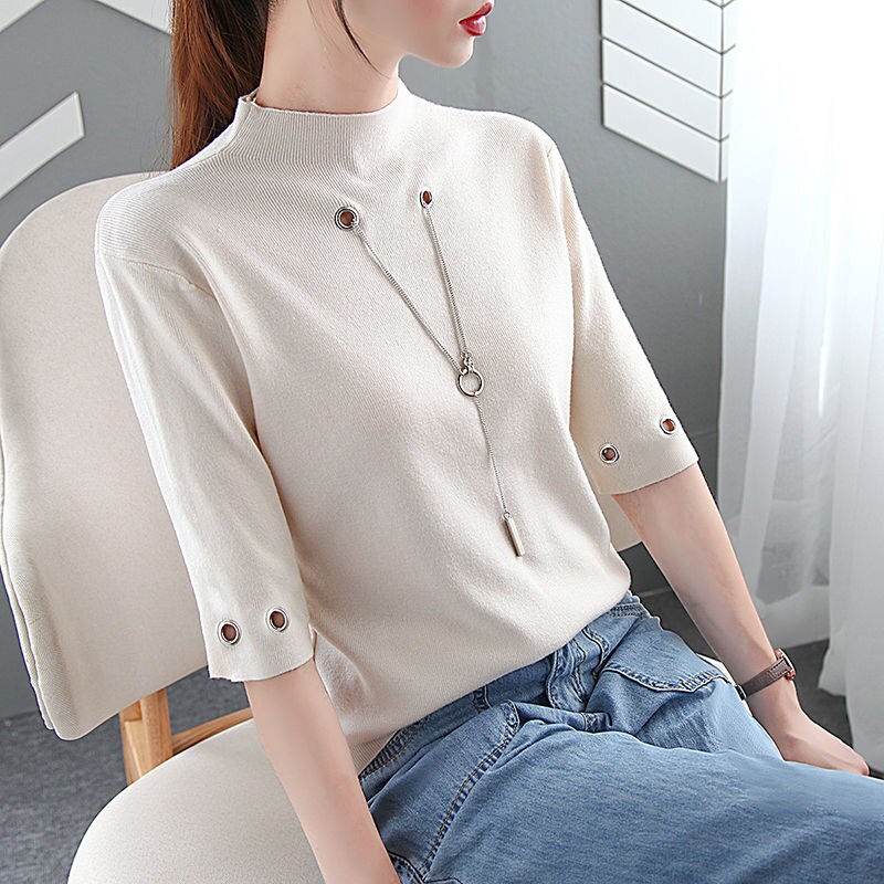Fashion Causal Sequined Pendant O Neck Half Sleeve T Shirt Women Summer Solid Color Skinny Clothing Simple Free Shipping Tops 0 DailyAlertDeals Apricot S 
