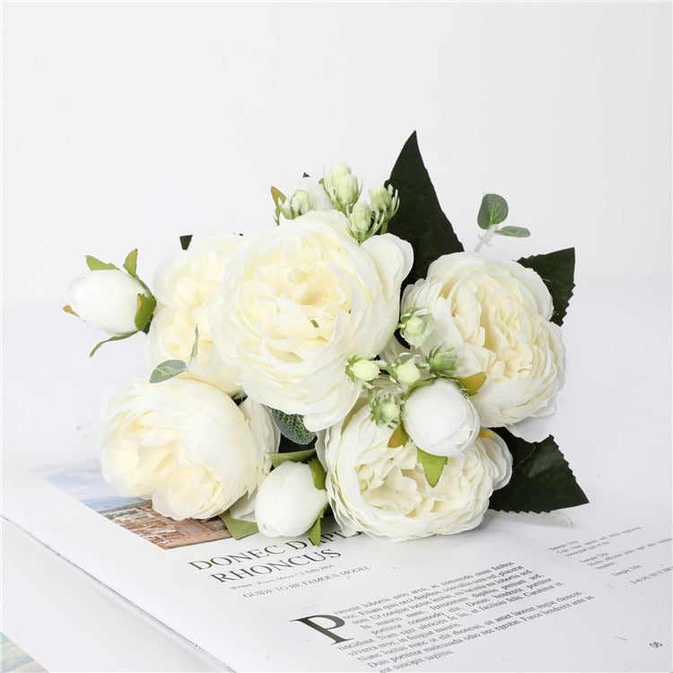 30cm Rose White Peony Artificial Flora Flowers Bouquet 5 Big Head and 4 Bud Cheap Fake Flowers for Home Wedding Decoration Indoor Artificial flora flowers DailyAlertDeals   