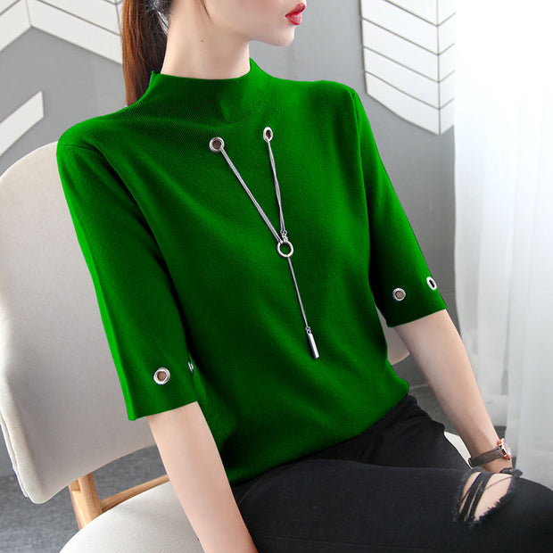 Fashion Causal Sequined Pendant O Neck Half Sleeve T Shirt Women Summer Solid Color Skinny Clothing Simple Free Shipping Tops 0 DailyAlertDeals Green S 