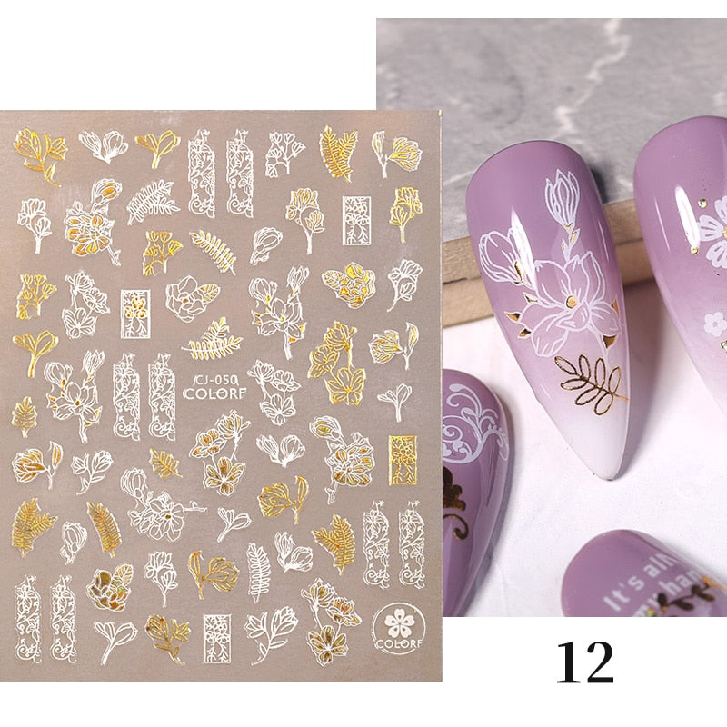 Harunouta 2022 NEW Gold Bronzing Slider Nail Art 3D Decals Decoration Flower Leaves Nail Art Sticker DIY Manicure Transfer Decal Nail Stickers DailyAlertDeals CJ-12  