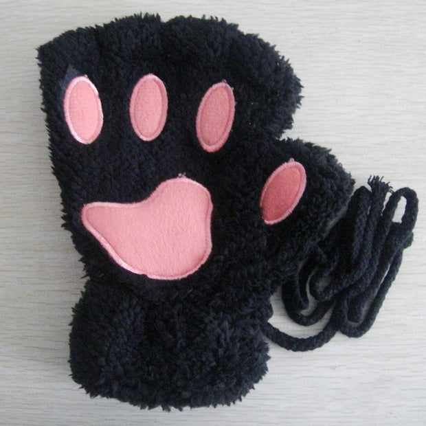 Fashion Girls Lovely Cat Claw Paw Plush Mittens Warm Soft Plush Short Fingerless women Leisure Bear Cat Gloves Half Finger Gifts Paws Gloves DailyAlertDeals black One Size 