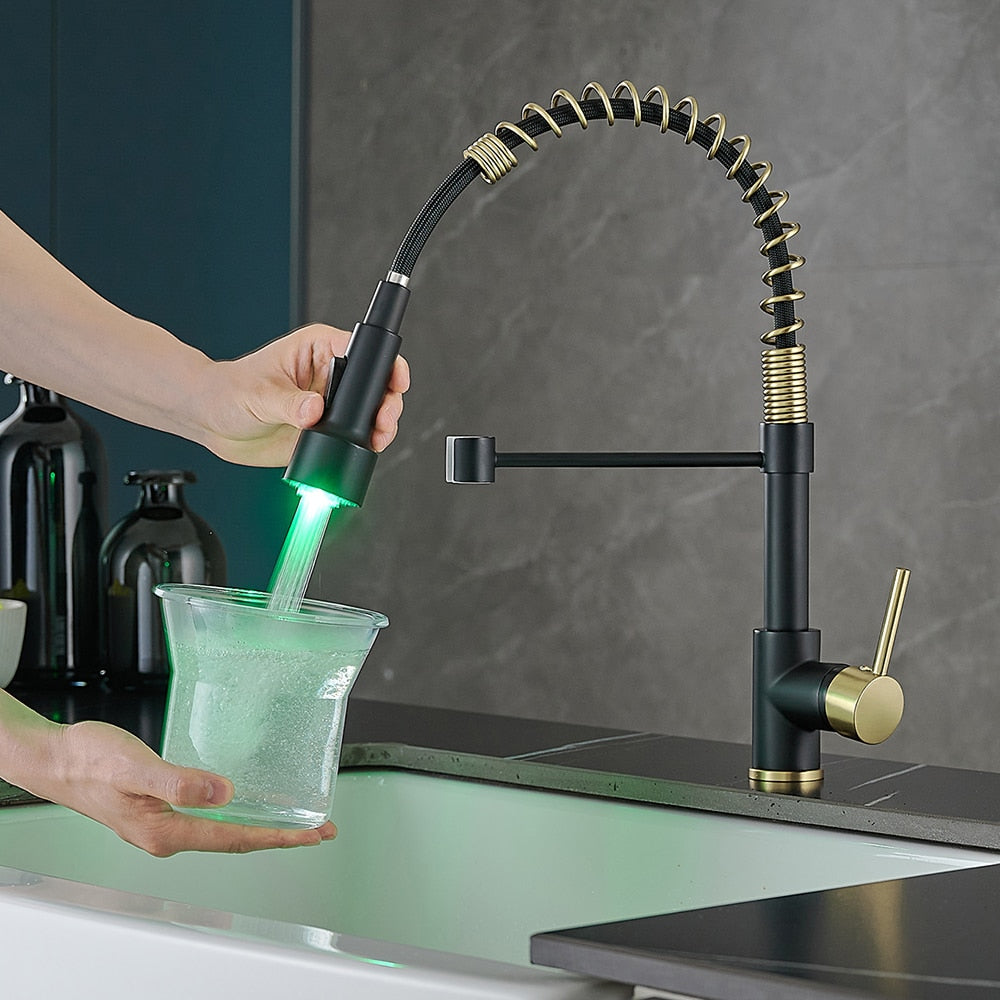 Kitchen Faucets Brush Brass Faucets for Kitchen Sink  Single Lever Pull Out Spring Spout Mixers Tap Hot Cold Water Crane 9009 Brass Faucets for Kitchen DailyAlertDeals   