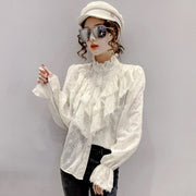 Korean Style Stand Collar Pleated Tops Fashion Ruffle Stitching Elegant Lace Blouse Long Sleeve Loose Chiffon Shirt Blusas 15832 0 DailyAlertDeals   