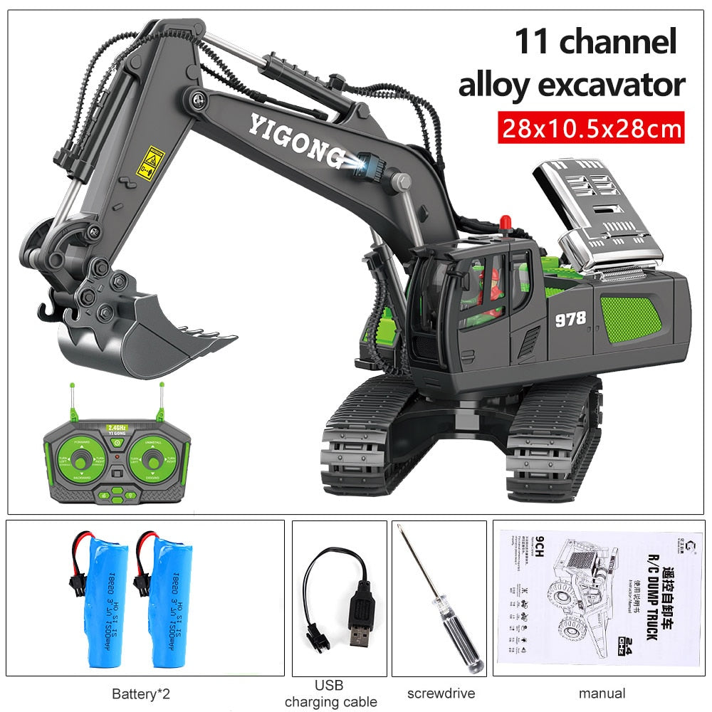 2.4G High Tech 11 Channels RC Excavator Dump Trucks Bulldozer Alloy Plastic Engineering Vehicle Electronic Toys For Boy Gifts RC Excavator Dump Trucks Bulldozer toy for children DailyAlertDeals BC1043 Black 2B China 