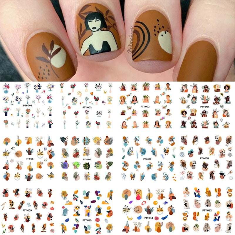 12 Designs Nail Stickers Set Mixed Floral Geometric Nail Art Water Transfer Decals Sliders Flower Leaves Manicures Decoration 0 DailyAlertDeals PTY001-PTY012  