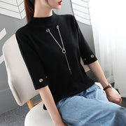 Fashion Causal Sequined Pendant O Neck Half Sleeve T Shirt Women Summer Solid Color Skinny Clothing Simple Free Shipping Tops 0 DailyAlertDeals Black S 
