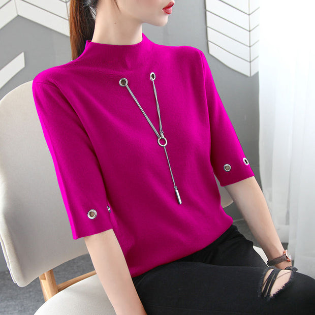Fashion Causal Sequined Pendant O Neck Half Sleeve T Shirt Women Summer Solid Color Skinny Clothing Simple Free Shipping Tops 0 DailyAlertDeals Rose Red S 
