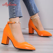 Aphixta 2023 New Luxury Rhinestone Pearl Chain 7cm Chunky Heels Pumps Women Shoes String Bead Pointed Toe Bling Crystals Pumps shoes DailyAlertDeals Orange 36  (23.0cm) 