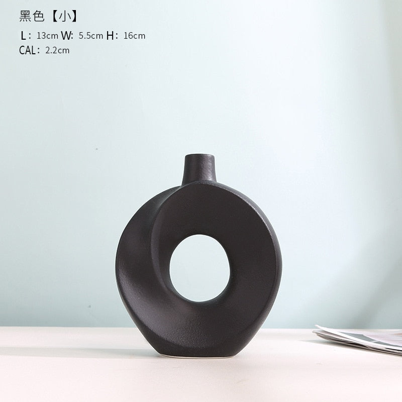 Nordic Modern Ceramic Vases for Decor Circular Hollow Donuts Vases for Flowers Pot Home Living Room Decoration Accessories Interior Office Desktop Decor Gift Vases DailyAlertDeals NIUWEN H P-B-S  