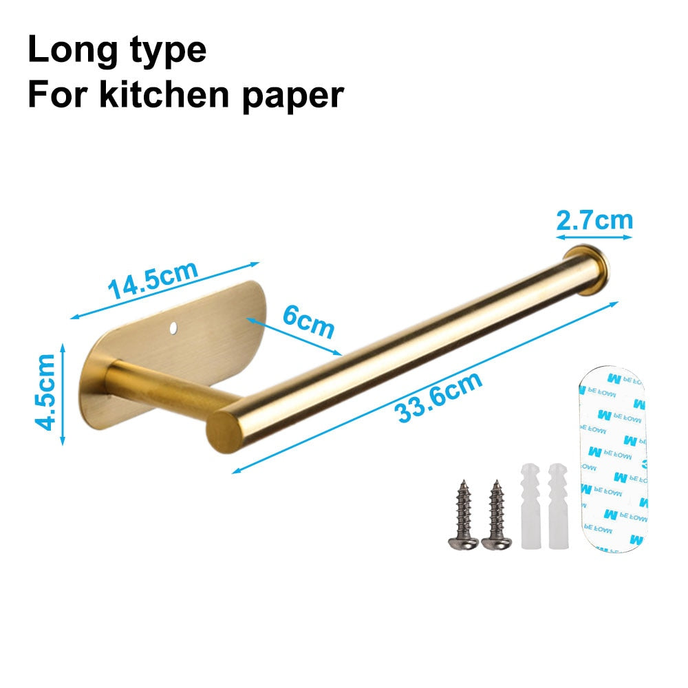 Punch-free Paper Towel Holder Stainless Steel Kitchen Under Cabinet Roll Rack Gold Black Bathroom Wall-mounted Tissue Hanger Facial Tissue Holders DailyAlertDeals Lengthened golden  