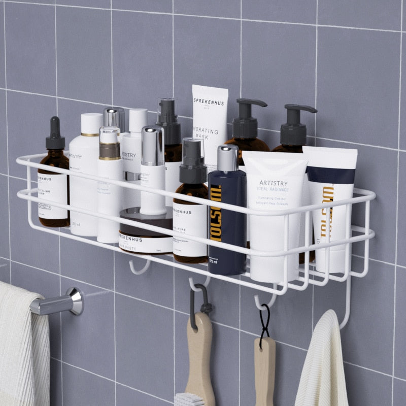Japanese-style wrought iron bathroom shelf wall-mounted shower gel storage rack toilet free punch toiletry stand bathroom shelf DailyAlertDeals C WHITE  