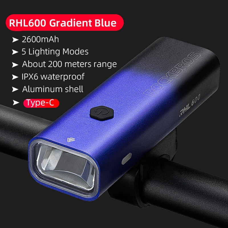 ROCKBROS Bike Light Rainproof Type-C Charging LED 2000mAh MTB Front Lamp Headlight Aluminum Ultralight Flashlight Bicycle Light USB Charging LED Flashlight for Bicycle DailyAlertDeals RHL600 blue Type-C China 
