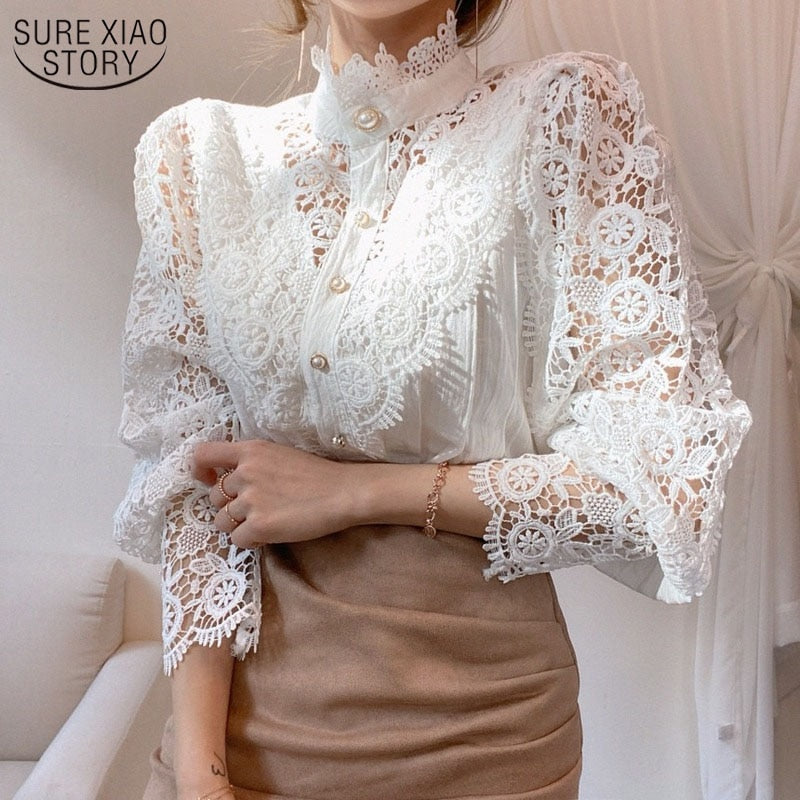 Chic Hollow Out Flower Lace Shirt Stand-Collar All-Match Summer Blouses 2022 Petal Sleeve Patchwork Women Top Femme Blusas 12419 0 DailyAlertDeals   