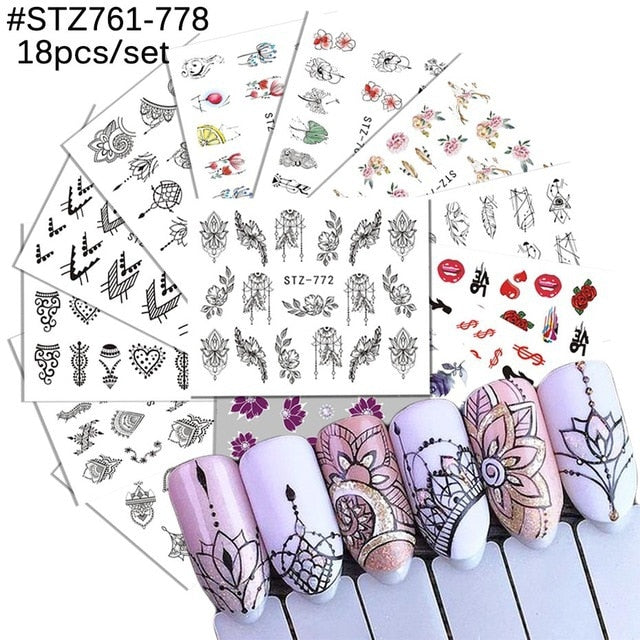 18-50Pcs/Set Mixed Design New Nail Art Sticker Set Black Lace Gold Silver Glitter Flower Water Decal Slider Wraps Decor Manicure Nail Sticker DailyAlertDeals STZ761-778(18pcs)  