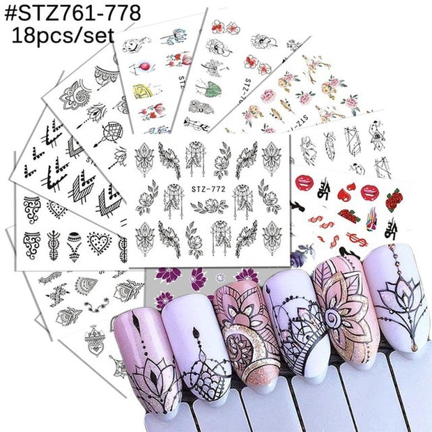 18-50Pcs/Set Mixed Design New Nail Art Sticker Set Black Lace Gold Silver Glitter Flower Water Decal Slider Wraps Decor Manicure Nail Sticker DailyAlertDeals STZ761-778(18pcs)  