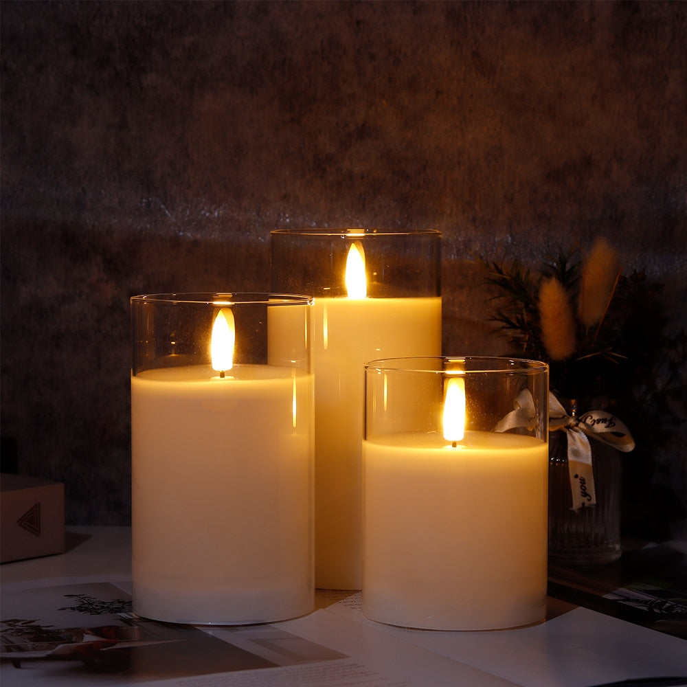3Pcs Glass Wax Flameless Candles 3D Effect LED Candles White Wax Battery Candles with 8-Key Remote Control Home Decor Candles DailyAlertDeals   