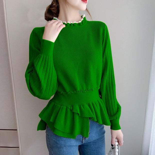 Fashion Ruffles Spliced Knitted Folds Asymmetrical Sweaters Women&#39;s Clothing 2022 Autumn New Loose Casual Pullovers Korean Tops 0 DailyAlertDeals Green XS 