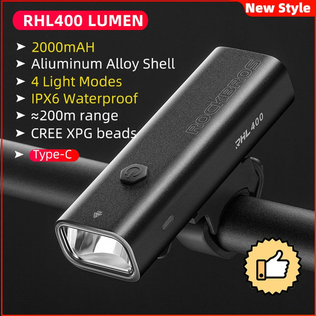 ROCKBROS Bike Light Rainproof Type-C Charging LED 2000mAh MTB Front Lamp Headlight Aluminum Ultralight Flashlight Bicycle Light USB Charging LED Flashlight for Bicycle DailyAlertDeals RHL400 Type-C China 