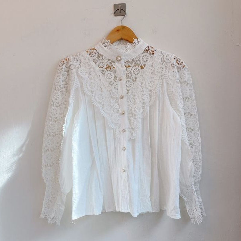 Chic Hollow Out Flower Lace Shirt Stand-Collar All-Match Summer Blouses 2022 Petal Sleeve Patchwork Women Top Femme Blusas 12419 0 DailyAlertDeals   