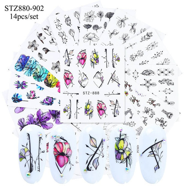 18-50Pcs/Set Mixed Design New Nail Art Sticker Set Black Lace Gold Silver Glitter Flower Water Decal Slider Wraps Decor Manicure Nail Sticker DailyAlertDeals STZ880-902(14pcs)  
