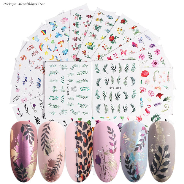 18-50Pcs/Set Mixed Design New Nail Art Sticker Set Black Lace Gold Silver Glitter Flower Water Decal Slider Wraps Decor Manicure Nail Sticker DailyAlertDeals STZ808-855(68pcs)  