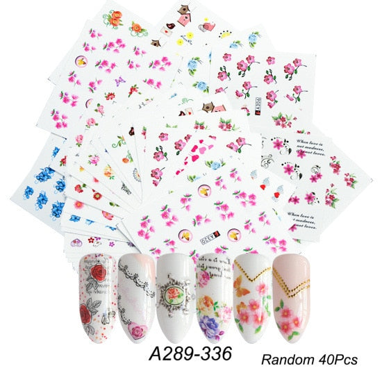 18-50Pcs/Set Mixed Design New Nail Art Sticker Set Black Lace Gold Silver Glitter Flower Water Decal Slider Wraps Decor Manicure Nail Sticker DailyAlertDeals A289-336 (40pcs)  