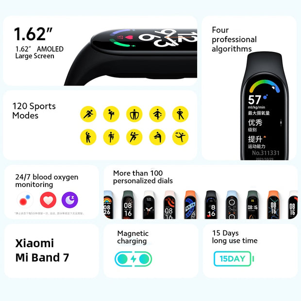 Xiaomi Mi Band 7 Smart Bracelet Fitness Tracker and Activity Monitor Smart Band 6 Color AMOLED Screen Bluetooth Waterproof Fitness Tracker and Activity Monitor Accessories DailyAlertDeals   
