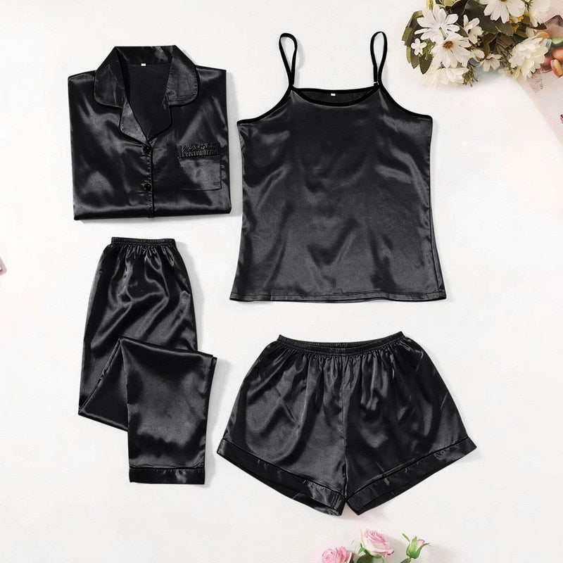 Sleepwear Female 5/4/2PCS Pajamas Set Sexy Satin Wedding Nightwear Rayon Home Wear Nighty Robe Suit  DailyAlertDeals 4PCS black2 S 