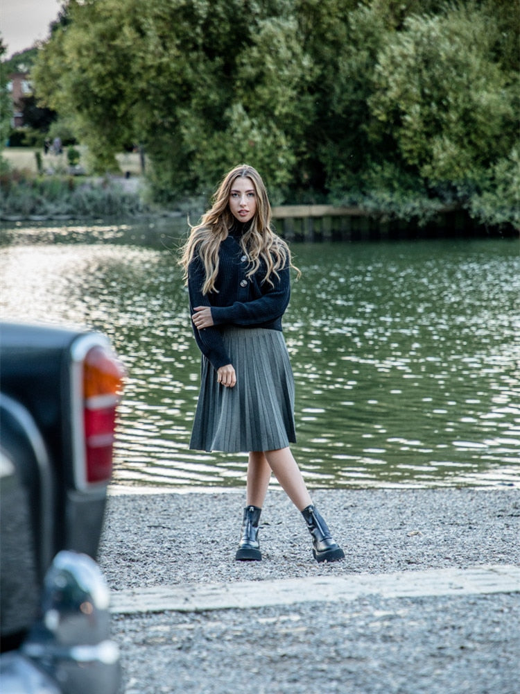 2022 Women Knitted Pleated Skirts Fashion High Waist Knit Dress Solid Color Female Classic Skirt 0 DailyAlertDeals grey skirt XS 