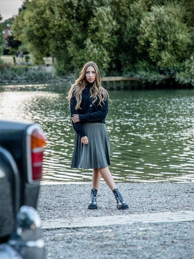 2022 Women Knitted Pleated Skirts Fashion High Waist Knit Dress Solid Color Female Classic Skirt 0 DailyAlertDeals grey skirt XS 
