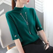 Fashion Causal Sequined Pendant O Neck Half Sleeve T Shirt Women Summer Solid Color Skinny Clothing Simple Free Shipping Tops 0 DailyAlertDeals Dark Green S 
