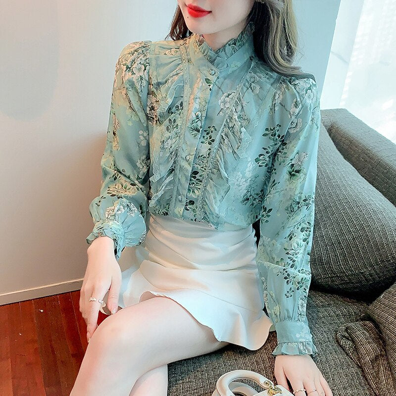 Floral Printed Elegant Blouse Women 2022 Fashion Long Sleeve Ruffle Lace Shirt Women Stand Collar Vintage Lady Blouses Top 18757 0 DailyAlertDeals Green S 