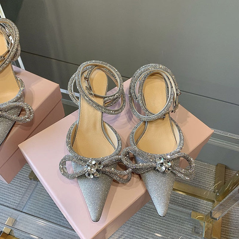 Runway style Glitter Rhinestones Women Pumps Crystal bowknot Satin Summer Lady Shoes Genuine leather High heels Party Prom Shoes High heels shoes DailyAlertDeals   