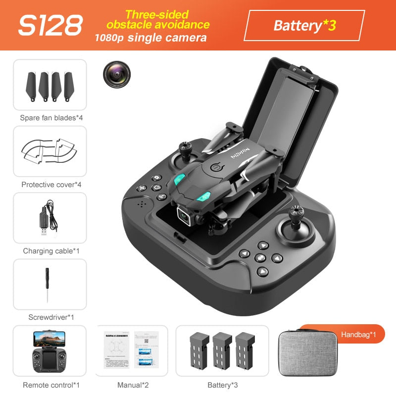 S128 Mini Drone 4K HD Camera Three-sided Obstacle Avoidance Air Pressure Fixed Height Professional Foldable Quadcopter Toys S128 Mini Drone 4K HD Camera DailyAlertDeals Black 1080P Bag 3B China 