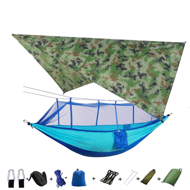 Lightweight Portable Camping Hammock and Tent Awning Rain Fly Tarp Waterproof Mosquito Net Hammock Canopy 210T Nylon Hammocks Camping Hammock and Tent DailyAlertDeals camouflage and blue  
