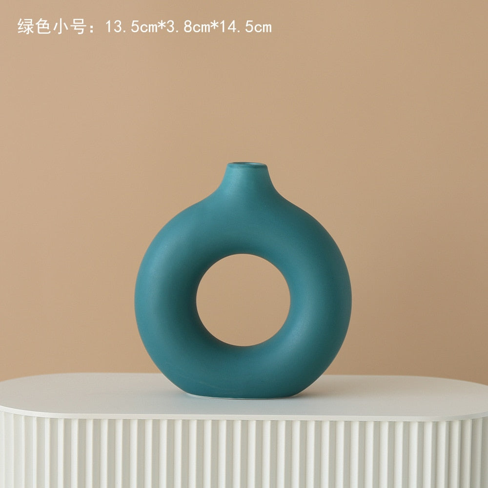 Nordic Modern Ceramic Vases for Decor Circular Hollow Donuts Vases for Flowers Pot Home Living Room Decoration Accessories Interior Office Desktop Decor Gift Vases DailyAlertDeals TTQ-GREEN-S  