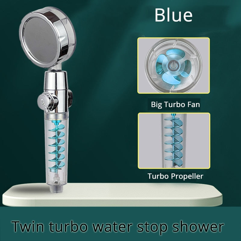 Strong Pressurization Spray Nozzle Water Saving  Rainfall 360 Degrees Rotating With Small Fan Washable Hand-held Shower Head Hand Shower DailyAlertDeals double turbo  blue  
