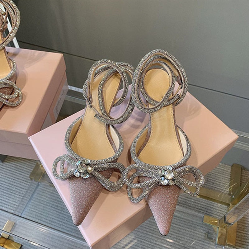 Runway style Glitter Rhinestones Women Pumps Crystal bowknot Satin Summer Lady Shoes Genuine leather High heels Party Prom Shoes High heels shoes DailyAlertDeals 6.5cm Pink sequin 36 