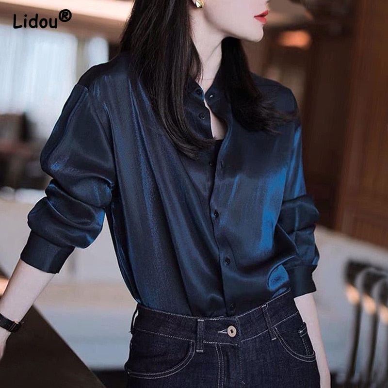 Premium Black Single Breasted Straight Loose Chiffon Thin Long Sleeve Blouses Fashion Soldier Color Spring Autumn Women Clothing 0 DailyAlertDeals Navy Blue S 