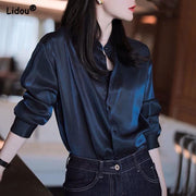 Premium Black Single Breasted Straight Loose Chiffon Thin Long Sleeve Blouses Fashion Soldier Color Spring Autumn Women Clothing 0 DailyAlertDeals Navy Blue S 