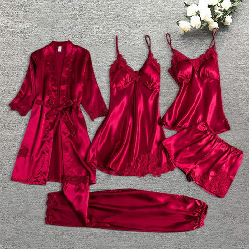 Sleepwear Female 5/4/2PCS Pajamas Set Sexy Satin Wedding Nightwear Rayon Home Wear Nighty Robe Suit  DailyAlertDeals   