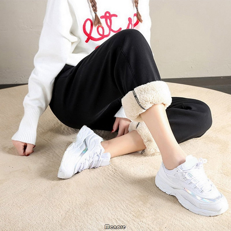 New Thick Fleece Guard Pants Women Casual Harlan Pants Versatile Straight Pants Trendy Ankle-Length Trousers Warm Sweatpants 0 DailyAlertDeals   