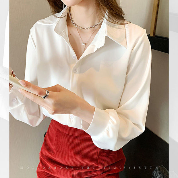 Elegant Fashion Korean White Long Sleeve Covered Button Comfortable Blouses Straight Loose Wild Solid Color Shirt Women Clothing 0 DailyAlertDeals baiseyangqi S 