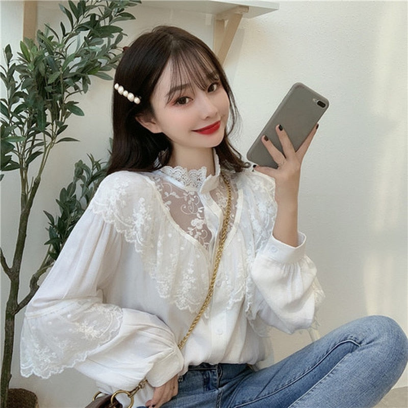 Autumn Korean Sweet Loose Clothes Lace Up Ruffled Women Blouses Fashion Stand Collat Ladies Tops Vintage Lace Shirts Women 11335 0 DailyAlertDeals White M 