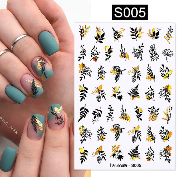 Harunouta 2022 NEW Gold Bronzing Slider Nail Art 3D Decals Decoration Flower Leaves Nail Art Sticker DIY Manicure Transfer Decal Nail Stickers DailyAlertDeals S005  