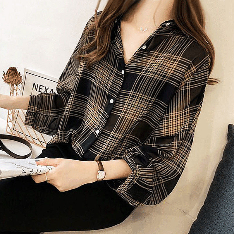 Fashion Casual Thin Chiffon Loose Batwing Sleeve Plaid Women Shirt 2022 Office Lady All-match Lapel Button Oversize Woman Blouse 0 DailyAlertDeals   